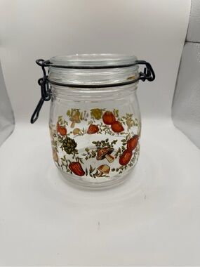 Corningware Glass Cookie Jar with Orange and Green Harvest Pattern